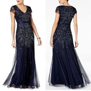 Adrianna Papell Midnight Blue Sequin Beaded Cap Sleeve V-Neck Formal Gown